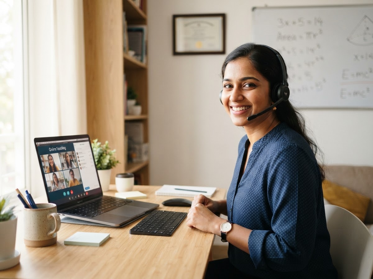 A teacher wearing a headset teaching a live online class
